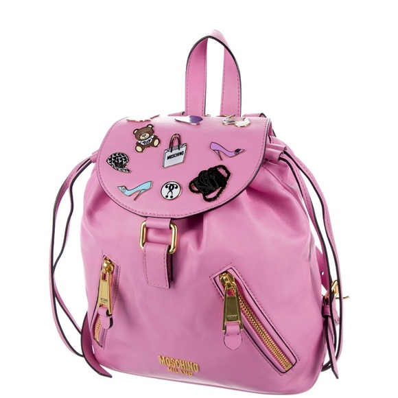 MOSCHINO Couture Pink Rare Find Badges Leather Backpack - Picture 3 of 17